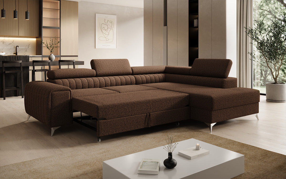 Canapé d’angle design Aurea avec fonction couchage et fonction rabattable en Bouclé