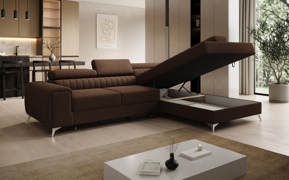 Canapé d’angle design Aurea avec fonction couchage et fonction rabattable en Bouclé