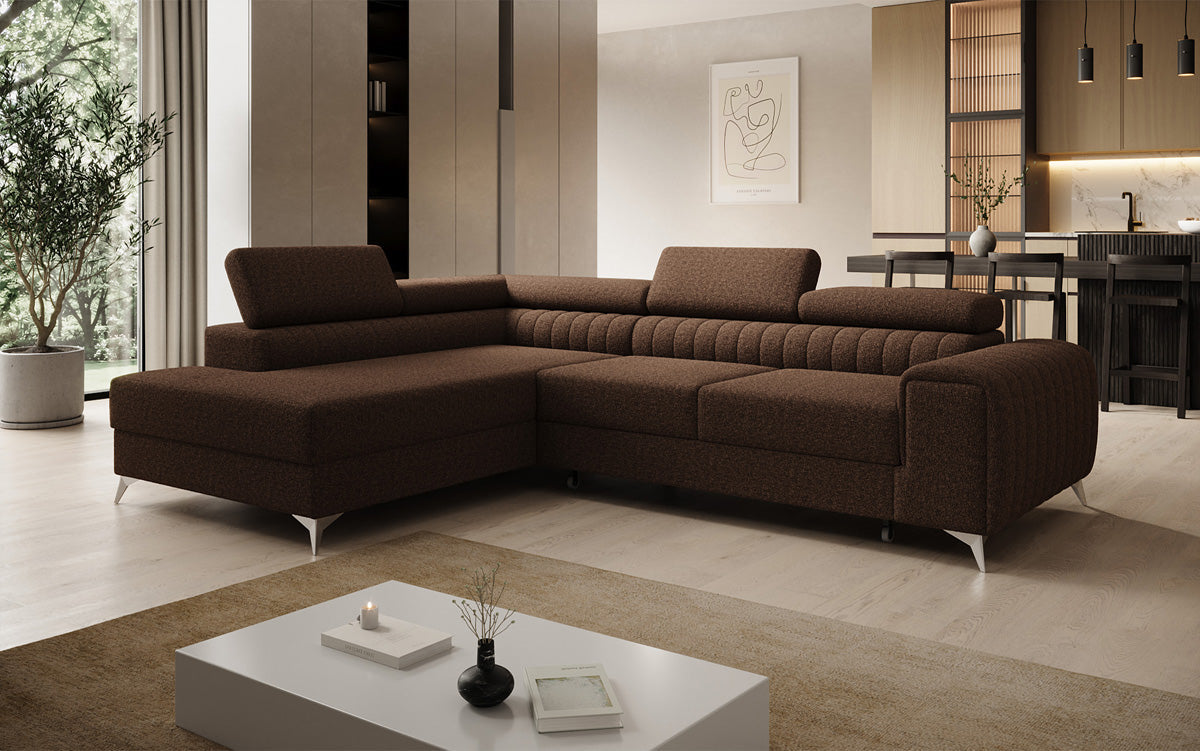 Canapé d’angle design Aurea avec fonction couchage et fonction rabattable en Bouclé