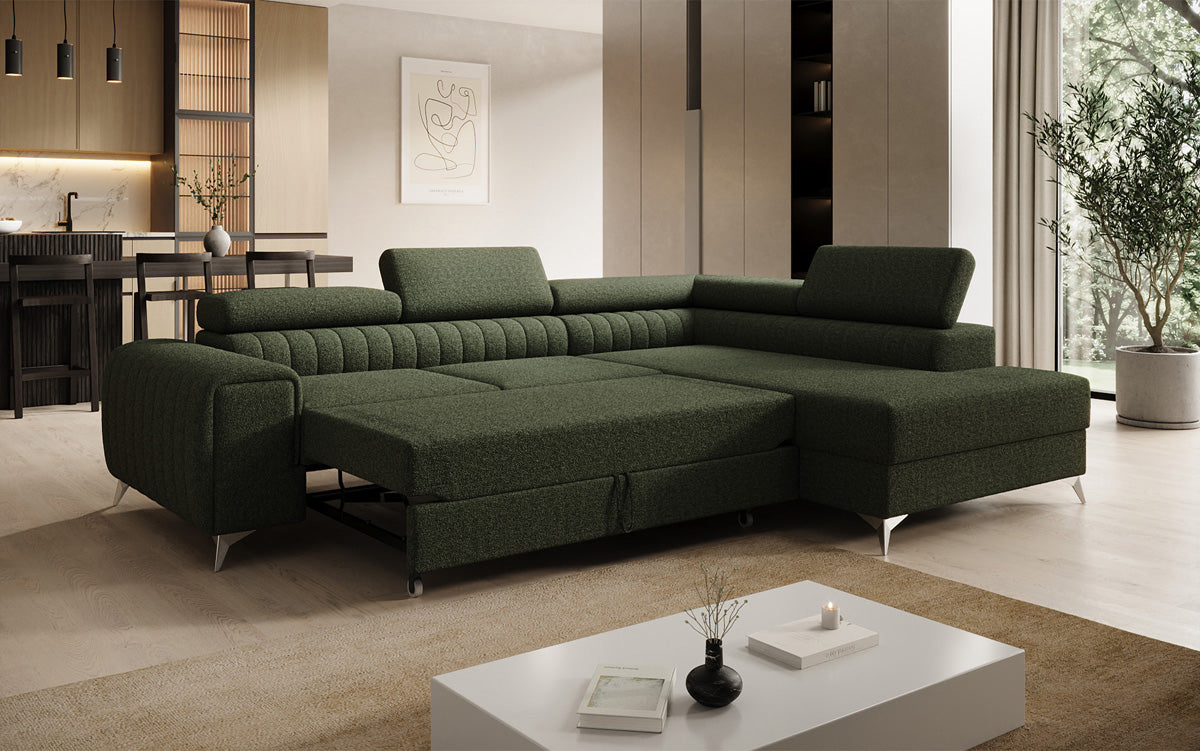 Canapé d’angle design Aurea avec fonction couchage et fonction rabattable en Bouclé