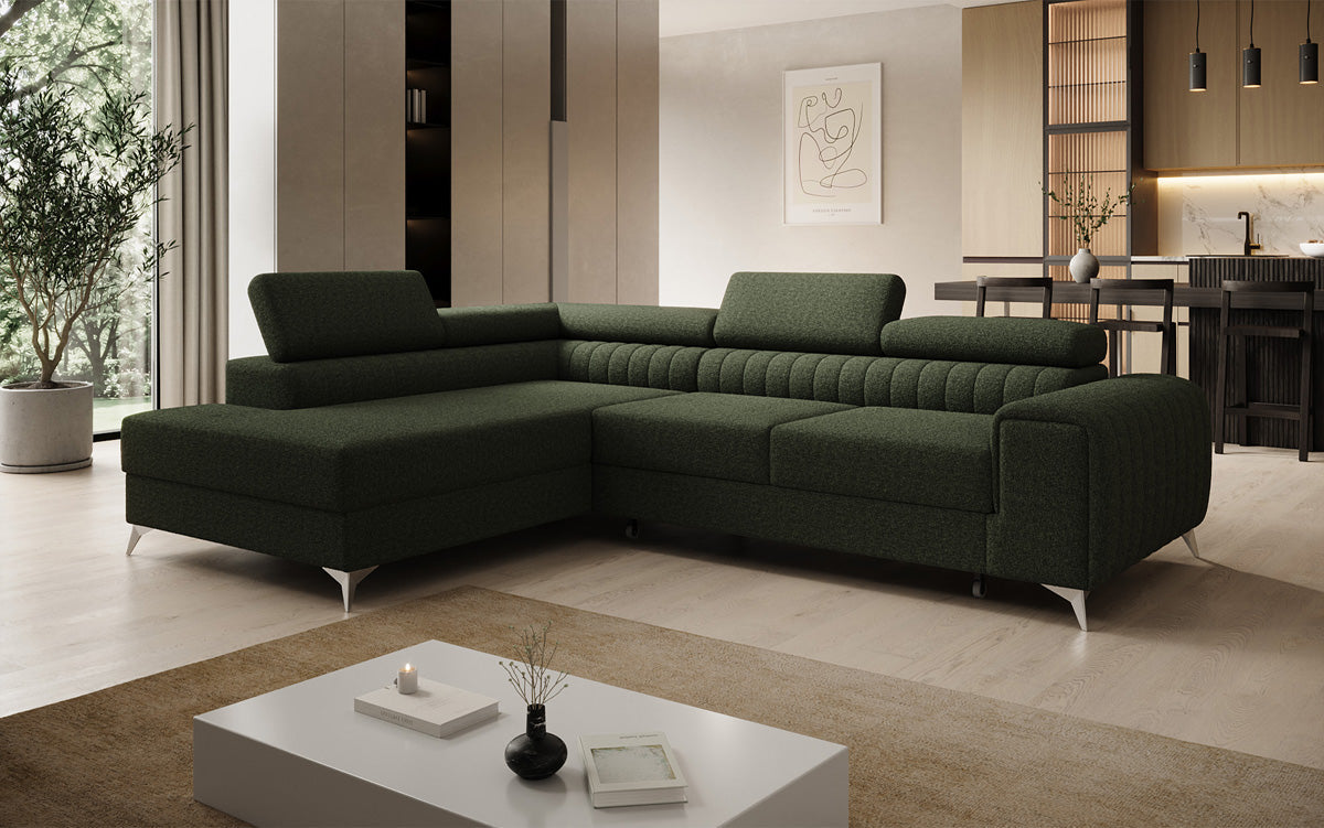 Canapé d’angle design Aurea avec fonction couchage et fonction rabattable en Bouclé