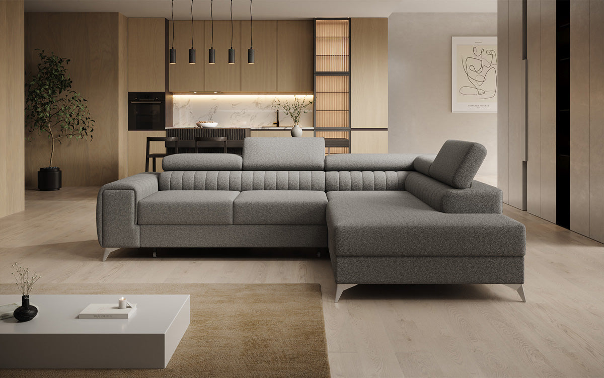 Canapé d’angle design Aurea avec fonction couchage et fonction rabattable en Bouclé