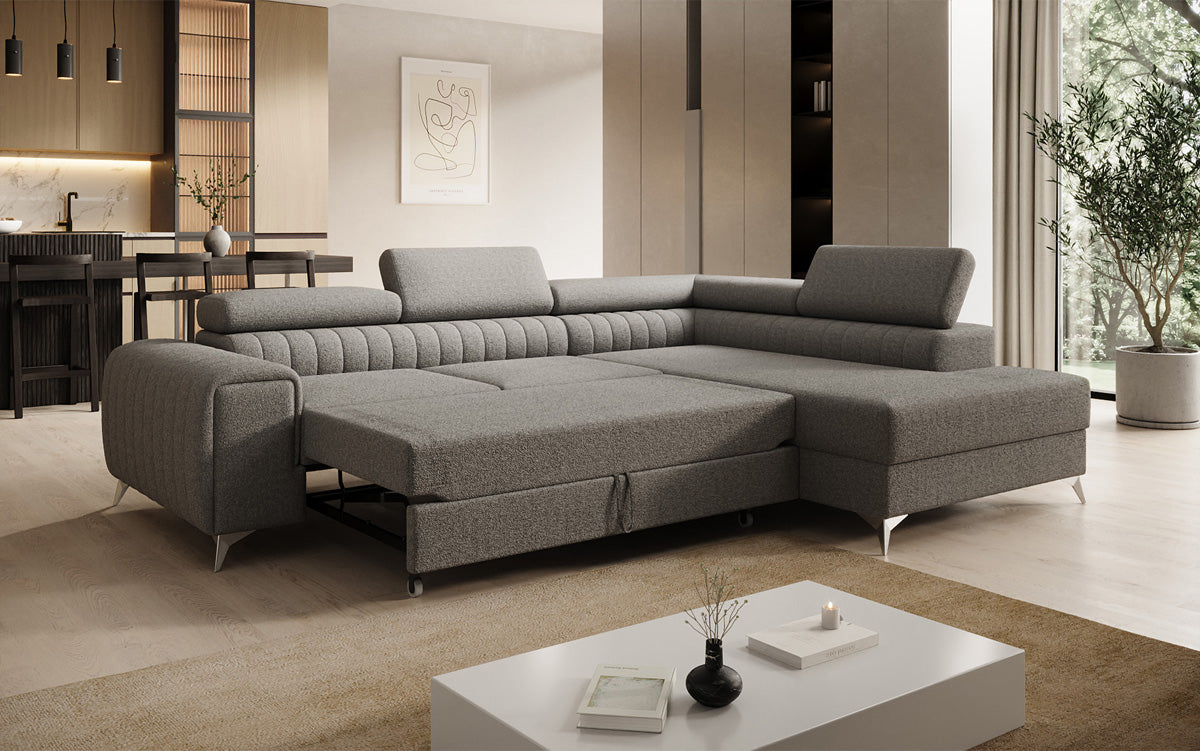 Canapé d’angle design Aurea avec fonction couchage et fonction rabattable en Bouclé
