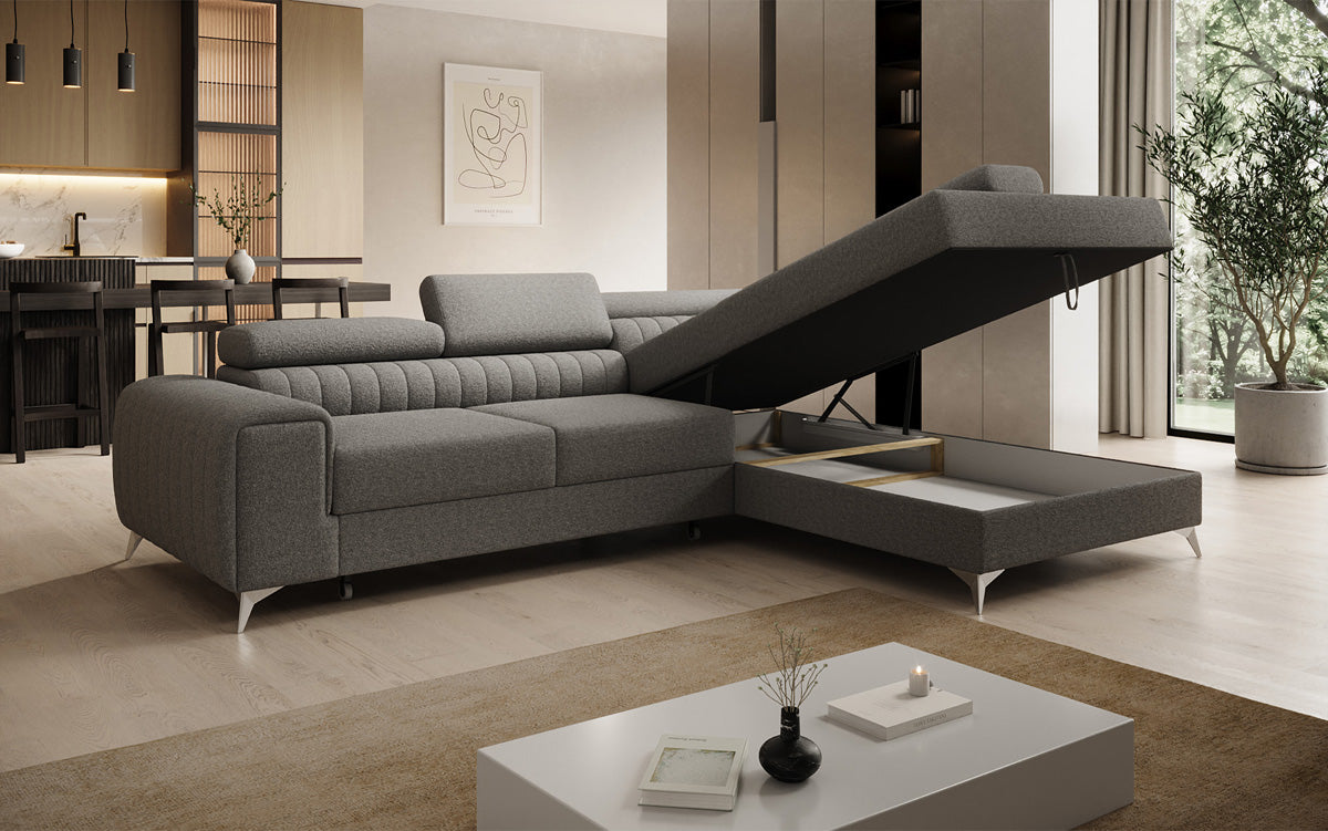 Canapé d’angle design Aurea avec fonction couchage et fonction rabattable en Bouclé