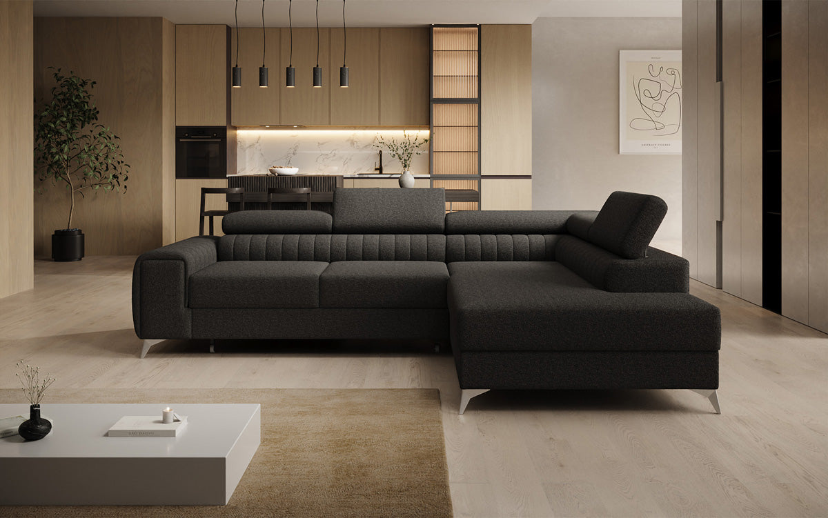 Canapé d’angle design Aurea avec fonction couchage et fonction rabattable en Bouclé