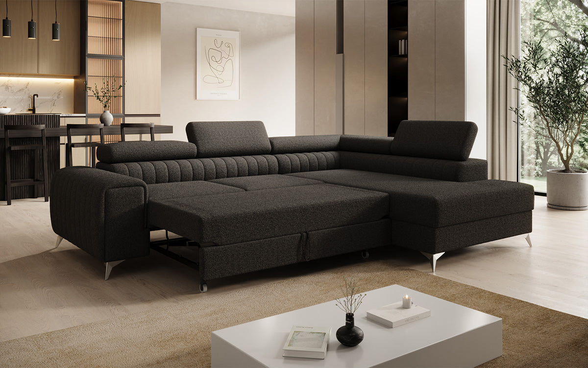 Canapé d’angle design Aurea avec fonction couchage et fonction rabattable en Bouclé