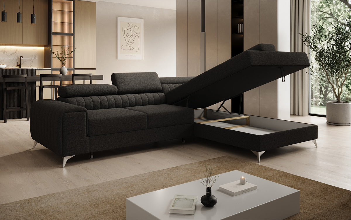 Canapé d’angle design Aurea avec fonction couchage et fonction rabattable en Bouclé
