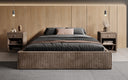 Designer upholstered bed base with storage without headboard in Corduroy