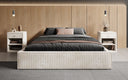 Designer upholstered bed base with storage without headboard in Corduroy