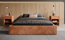 Designer upholstered bed base with storage without headboard in Corduroy
