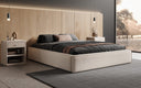 Designer upholstered bed base with storage without headboard in textured fabric