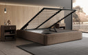 Designer upholstered bed base with storage without headboard in textured fabric