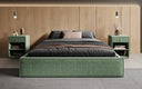 Designer upholstered bed base with storage without headboard in textured fabric