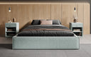 Designer upholstered bed base with storage without headboard in textured fabric