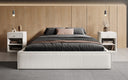 Designer upholstered bed base with storage without headboard in textured fabric
