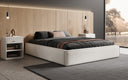 Designer upholstered bed base with storage without headboard in textured fabric