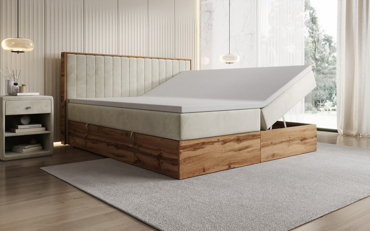 Lit boxspring Timber Line avec espace de rangement en Velours
