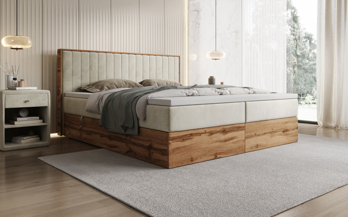 Lit boxspring Timber Line avec espace de rangement en Velours