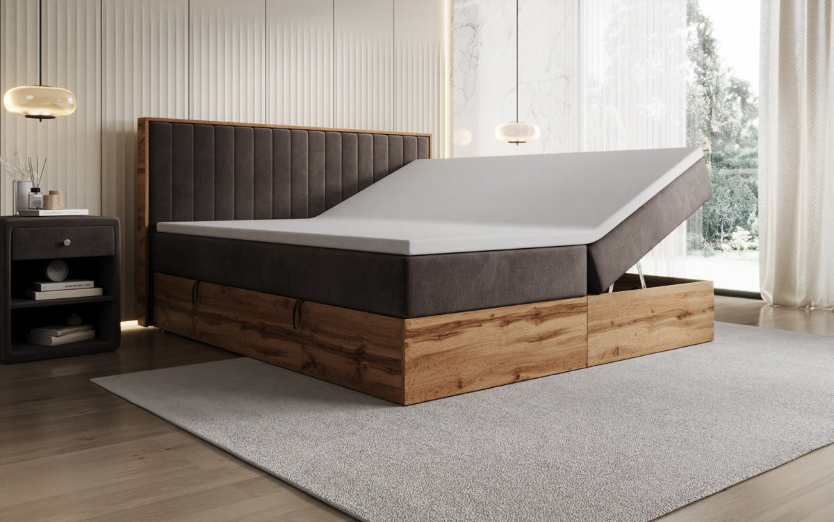 Lit boxspring Timber Line avec espace de rangement en Velours