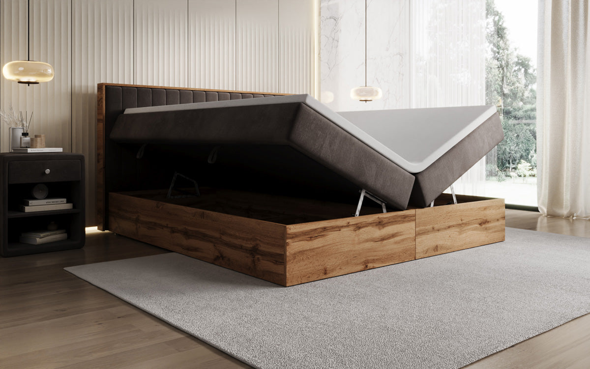 Lit boxspring Timber Line avec espace de rangement en Velours