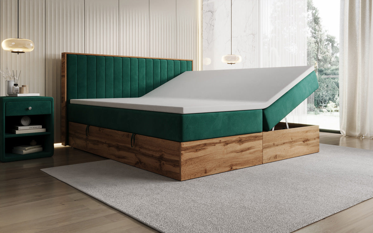Lit boxspring Timber Line avec espace de rangement en Velours