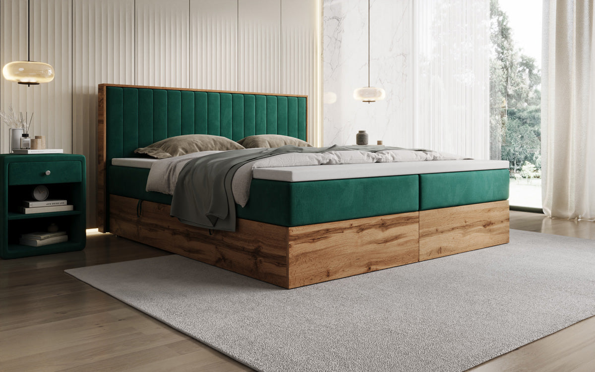 Lit boxspring Timber Line avec espace de rangement en Velours