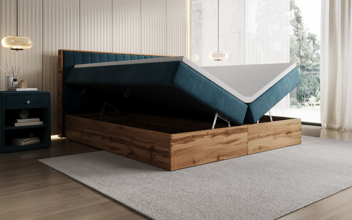 Lit boxspring Timber Line avec espace de rangement en Velours