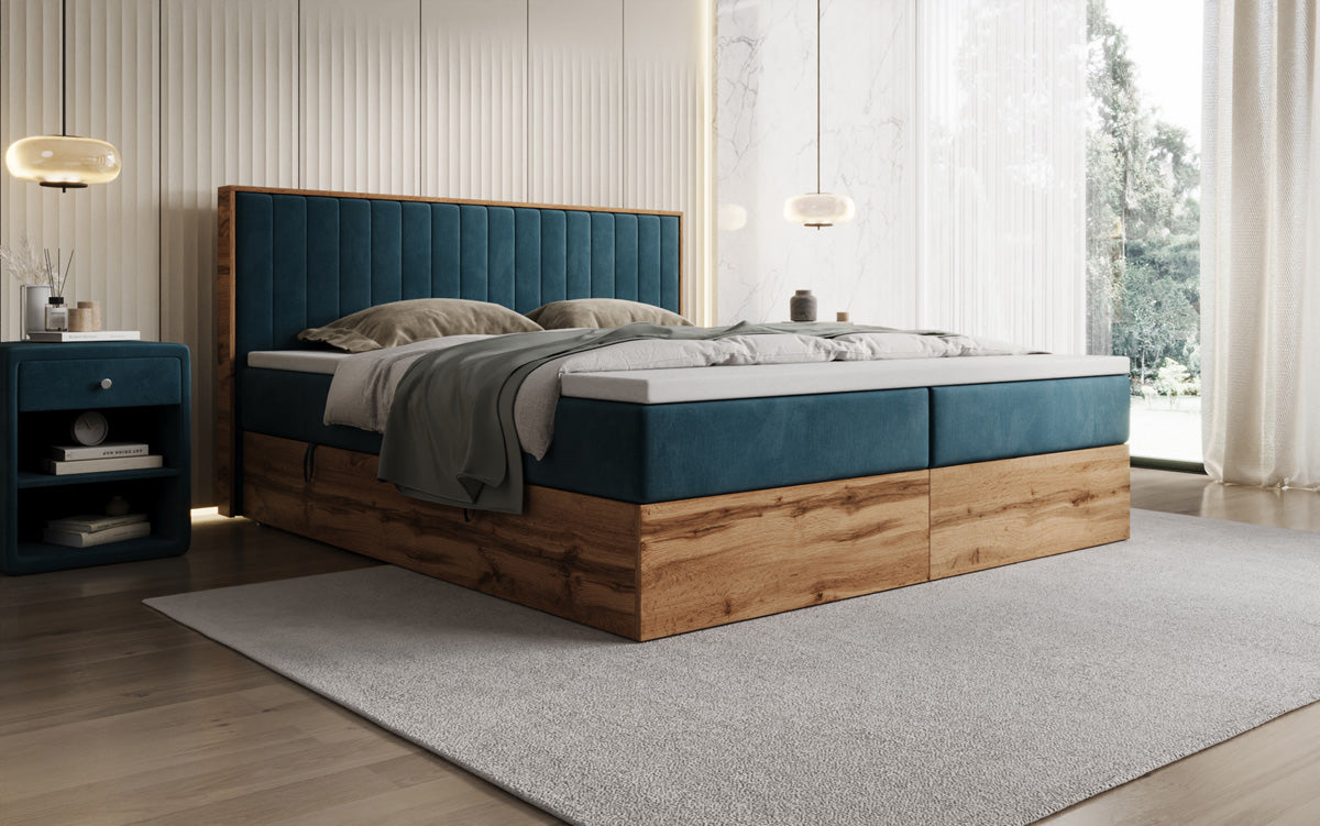 Lit boxspring Timber Line avec espace de rangement en Velours