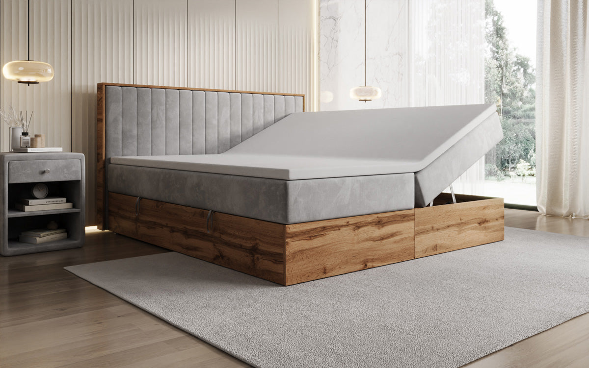 Lit boxspring Timber Line avec espace de rangement en Velours