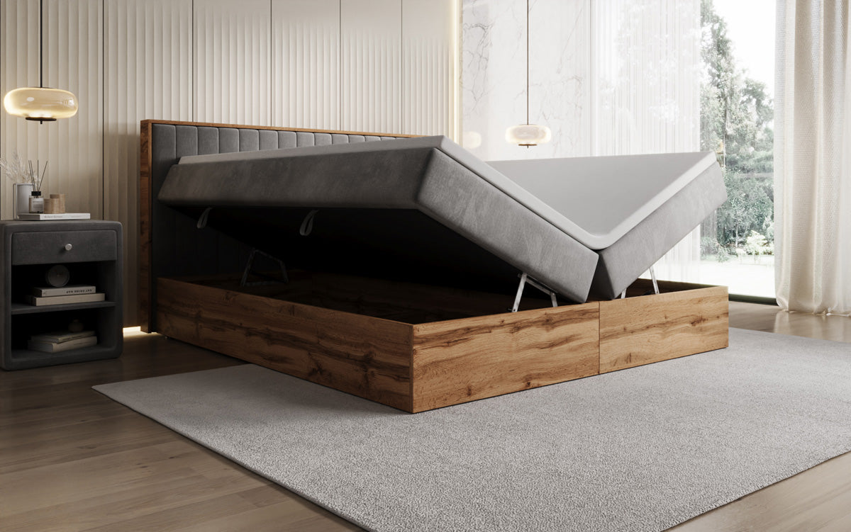 Lit boxspring Timber Line avec espace de rangement en Velours