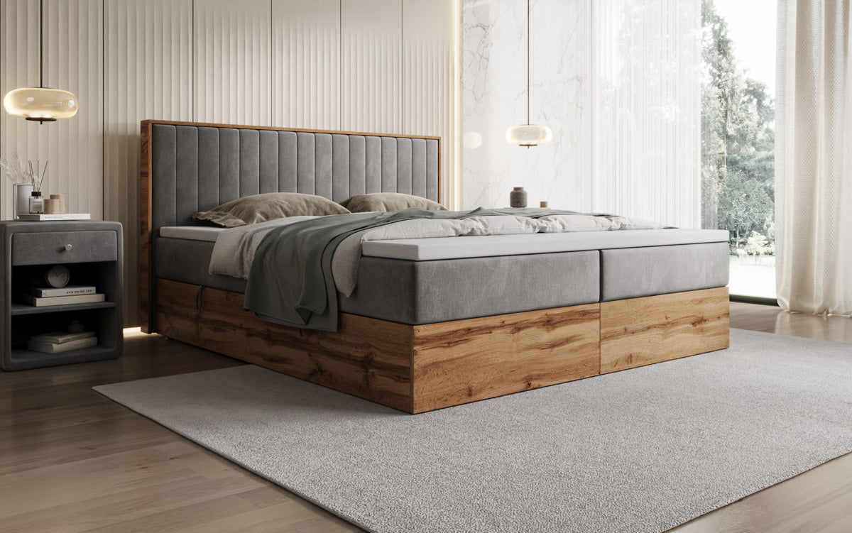 Lit boxspring Timber Line avec espace de rangement en Velours