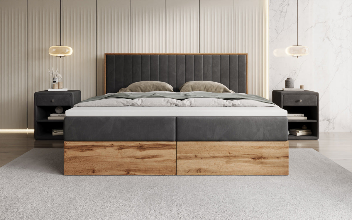 Lit boxspring Timber Line avec espace de rangement en Velours