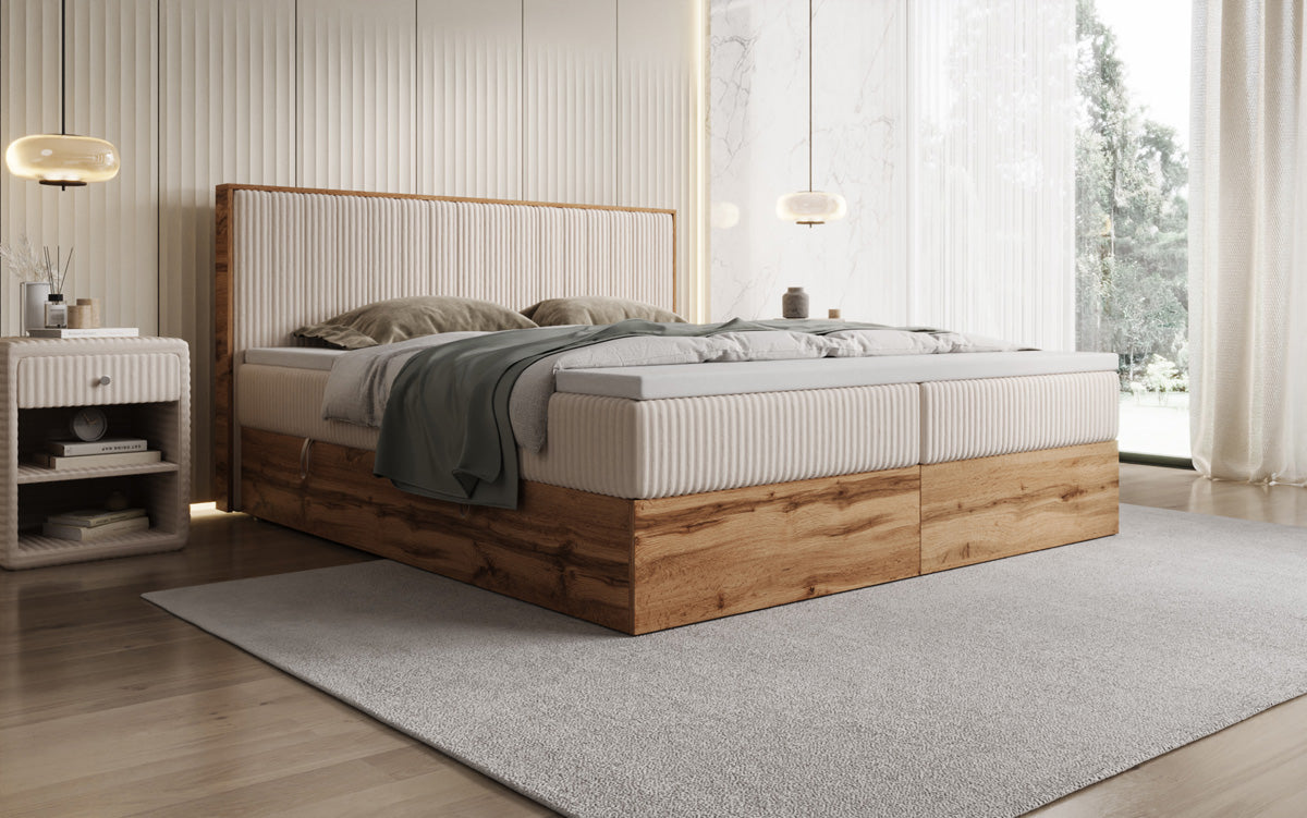 Lit boxspring Timber Line en Côtelé avec espace de rangement