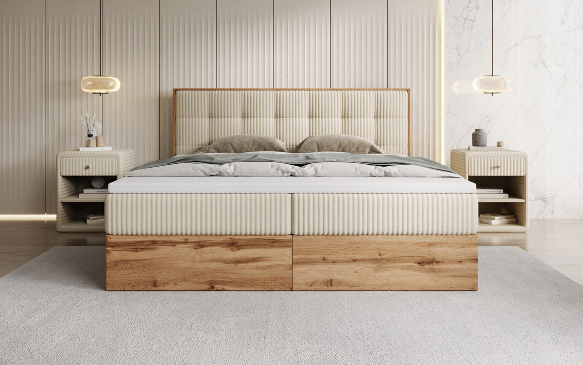 Lit boxspring Timber Quad en Côtelé avec espace de rangement