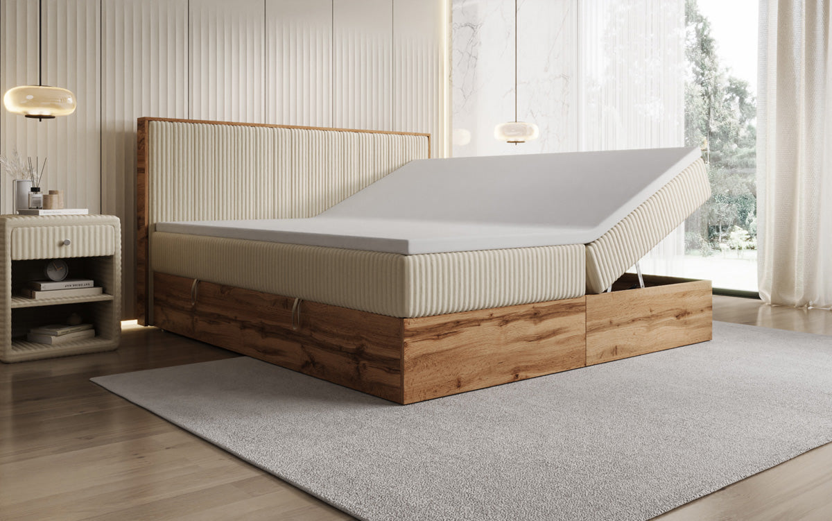 Lit boxspring Timber Line en Côtelé avec espace de rangement