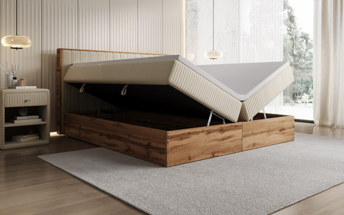 Lit boxspring Timber Line en Côtelé avec espace de rangement
