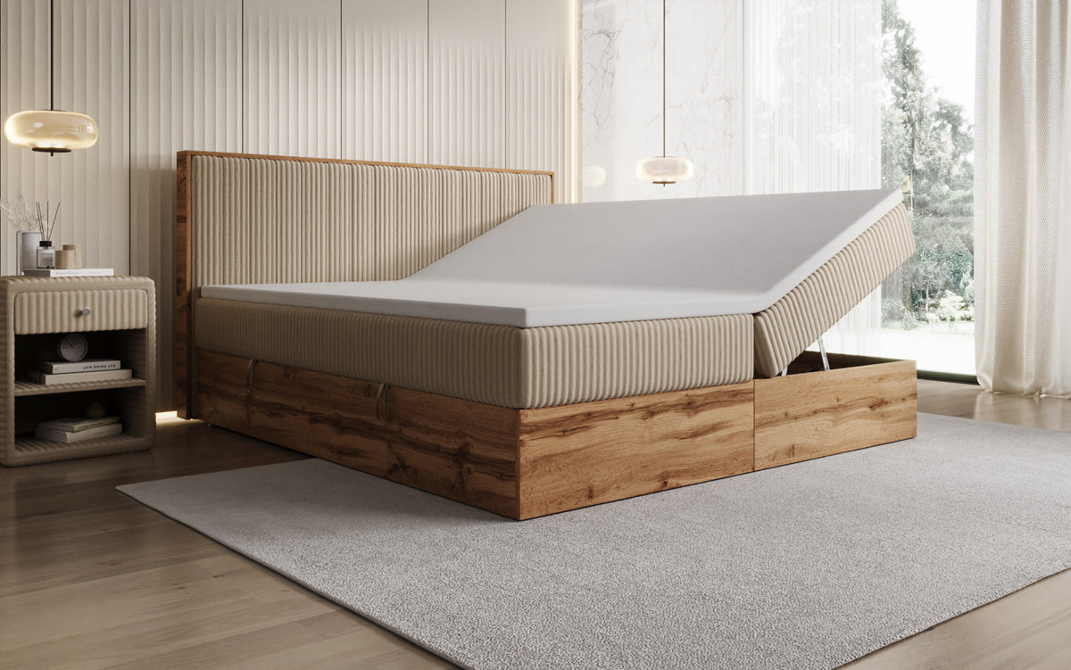 Lit boxspring Timber Line en Côtelé avec espace de rangement