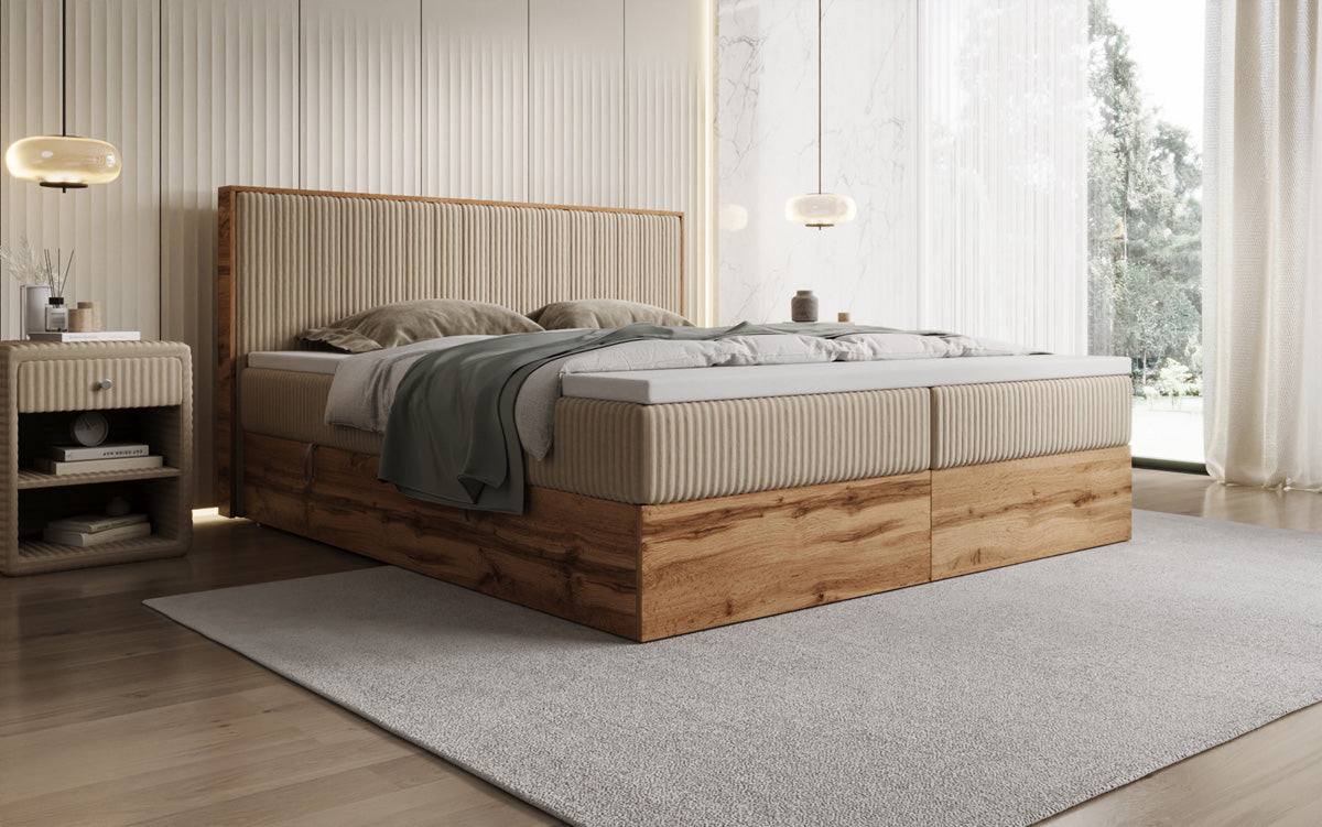 Lit boxspring Timber Line en Côtelé avec espace de rangement
