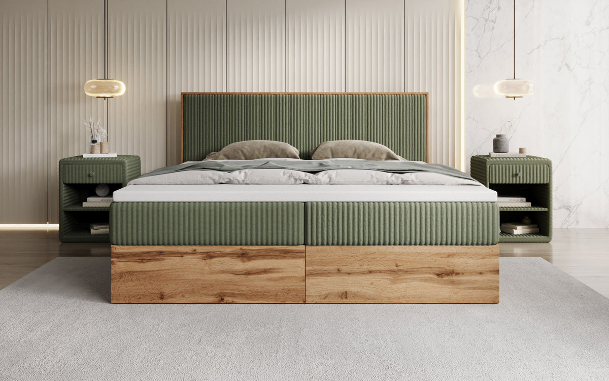 Lit boxspring Timber Line en Côtelé avec espace de rangement