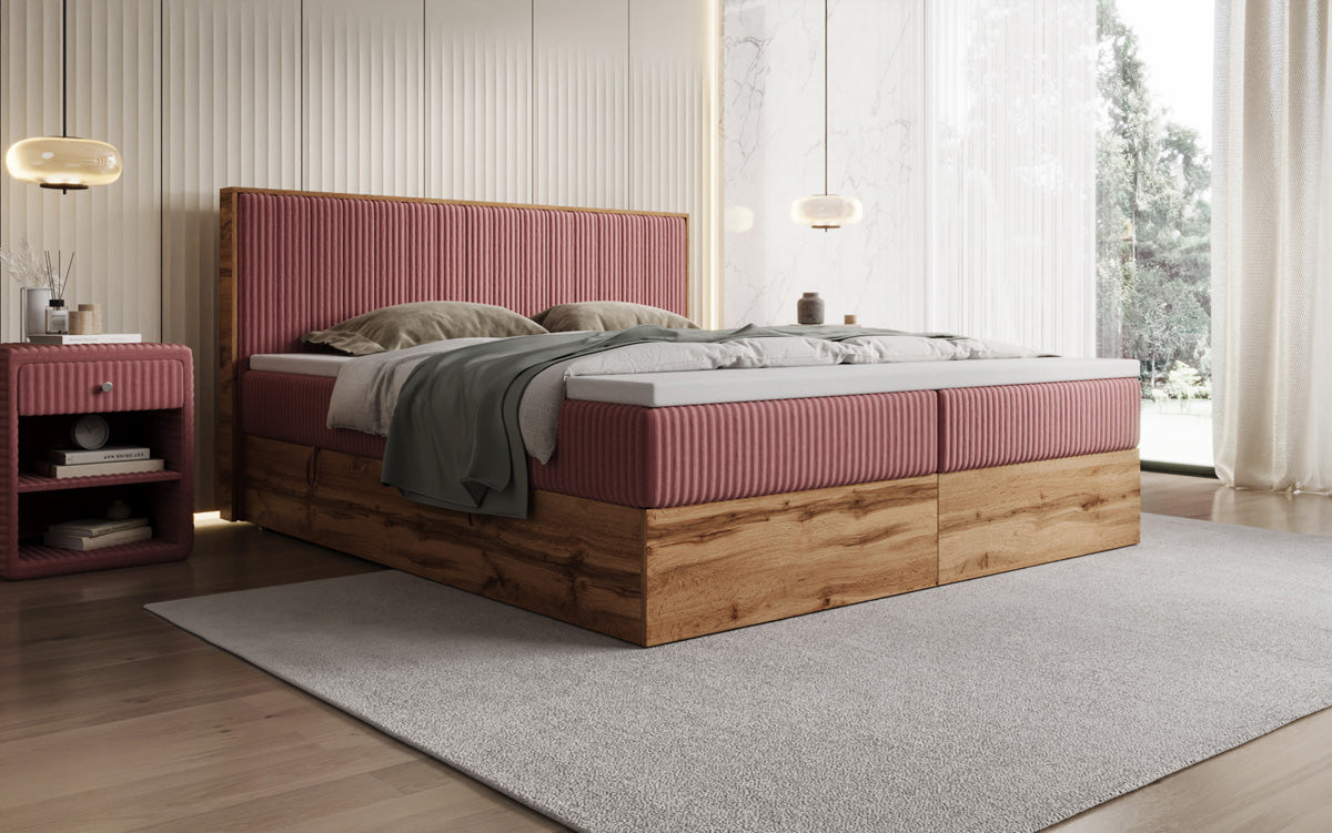 Lit boxspring Timber Line en Côtelé avec espace de rangement