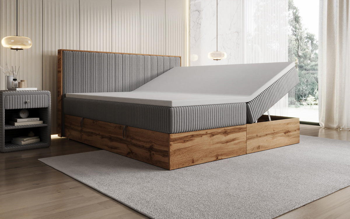 Lit boxspring Timber Line en Côtelé avec espace de rangement