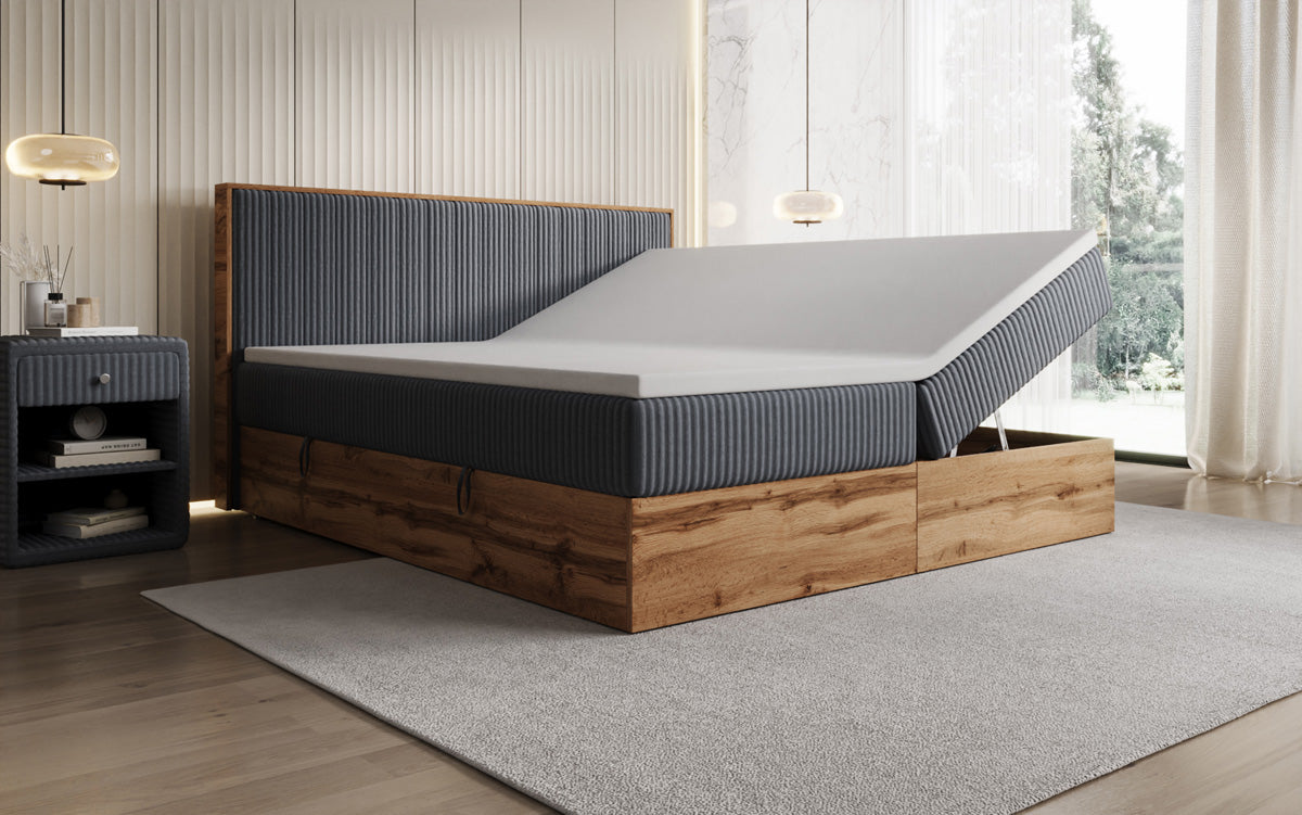 Lit boxspring Timber Line en Côtelé avec espace de rangement