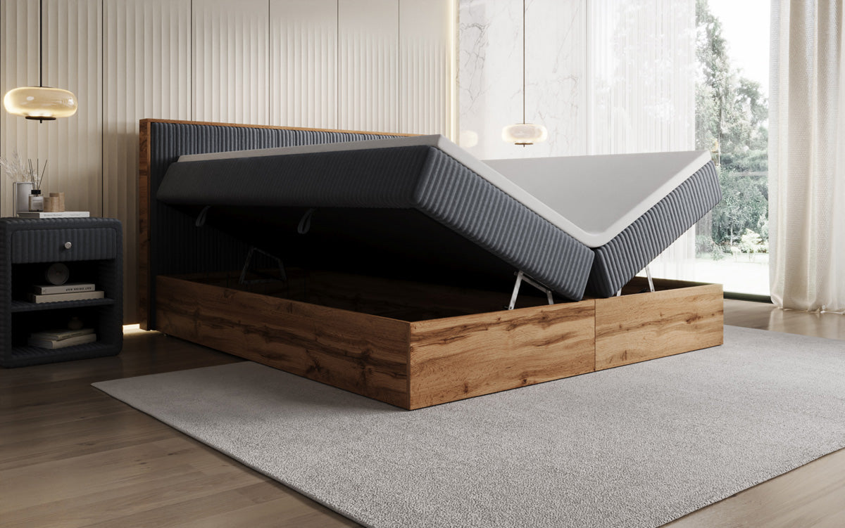 Lit boxspring Timber Line en Côtelé avec espace de rangement