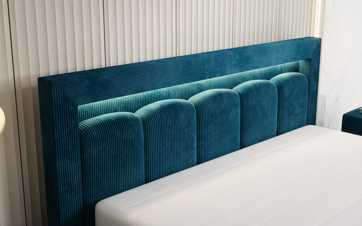 Designer-Polsterbett Lume aus Cord mat Stauraum an RGB-Beliichtung