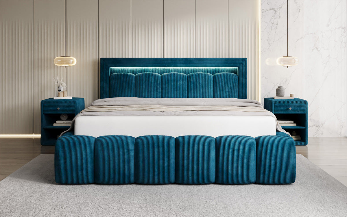 Designer-Polsterbett Lume aus Cord mat Stauraum an RGB-Beliichtung