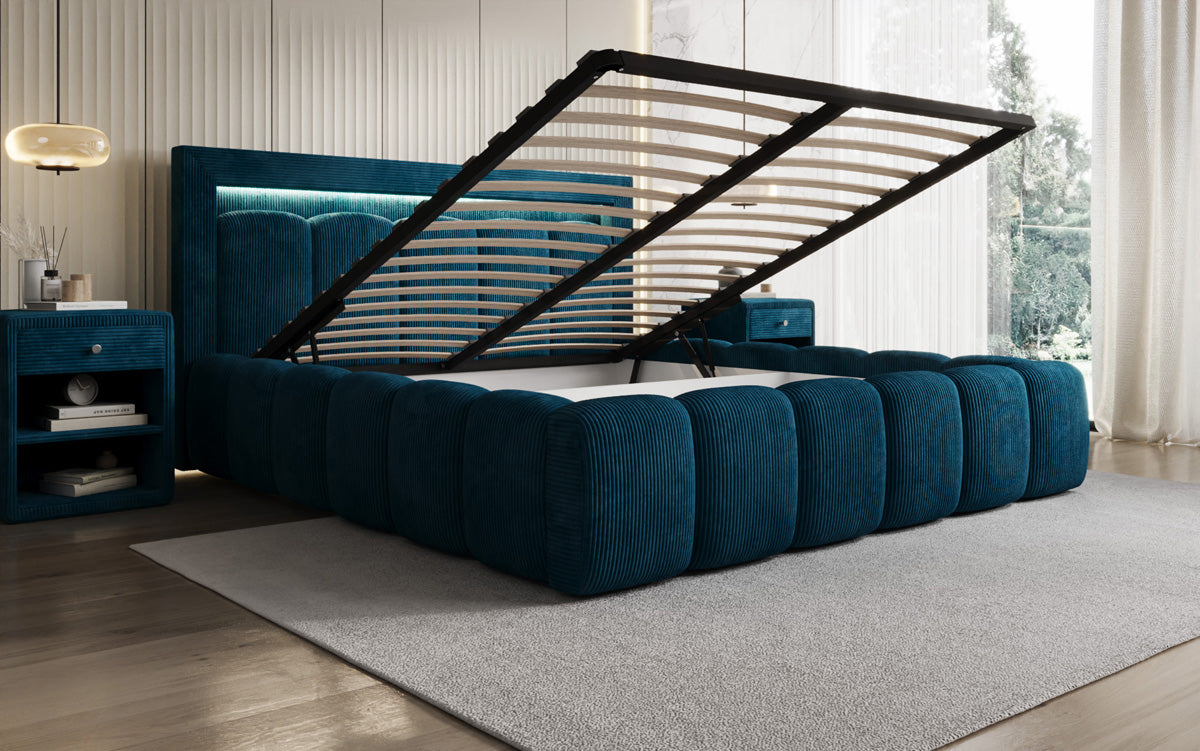 Designer-Polsterbett Lume aus Cord mat Stauraum an RGB-Beliichtung