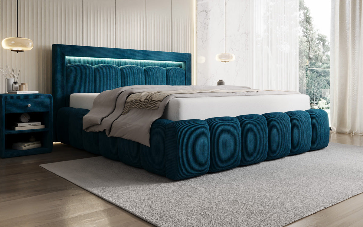 Designer-Polsterbett Lume aus Cord mat Stauraum an RGB-Beliichtung