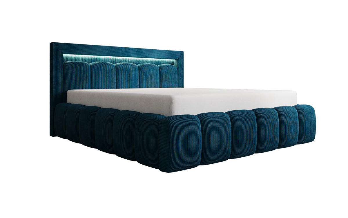 Designer-Polsterbett Lume aus Cord mat Stauraum an RGB-Beliichtung