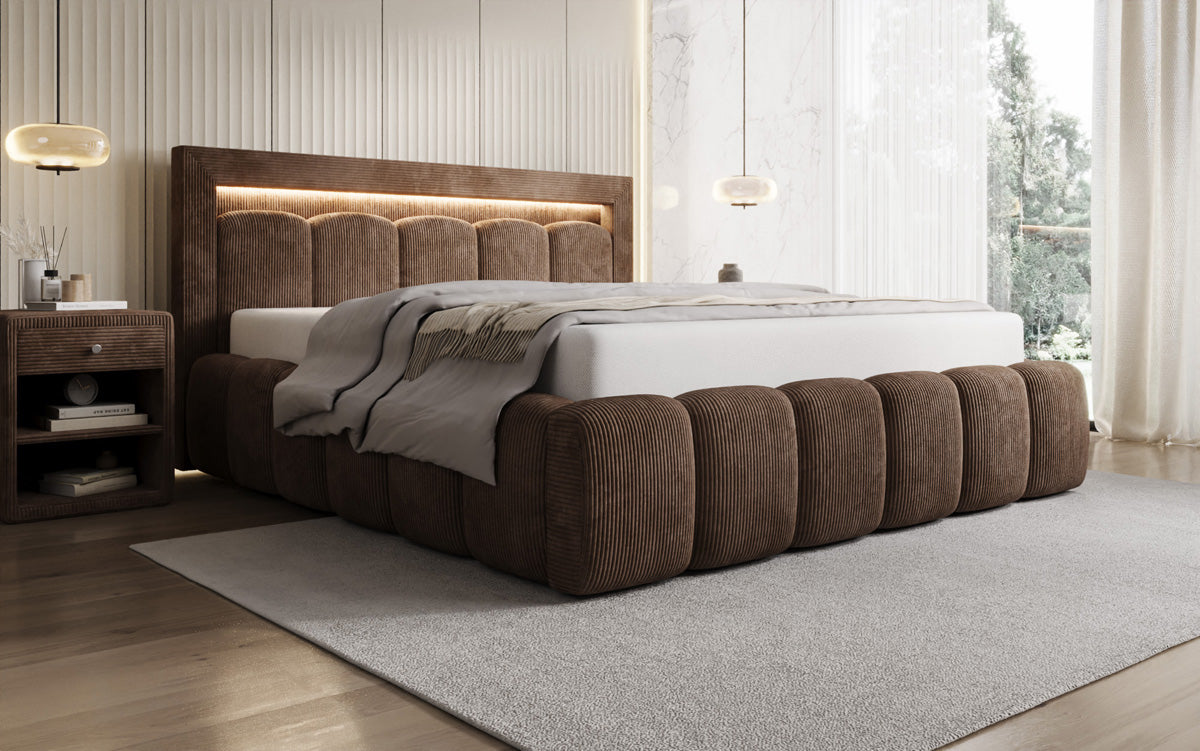 Designer-Polsterbett Lume aus Cord mat Stauraum an RGB-Beliichtung