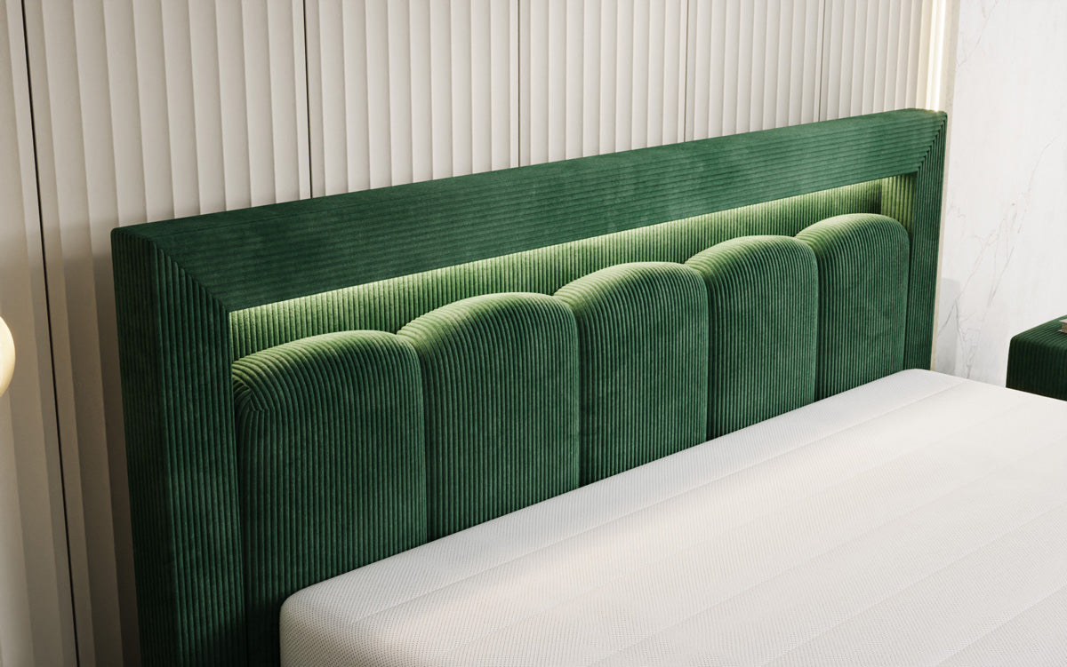 Designer-Polsterbett Lume aus Cord mat Stauraum an RGB-Beliichtung